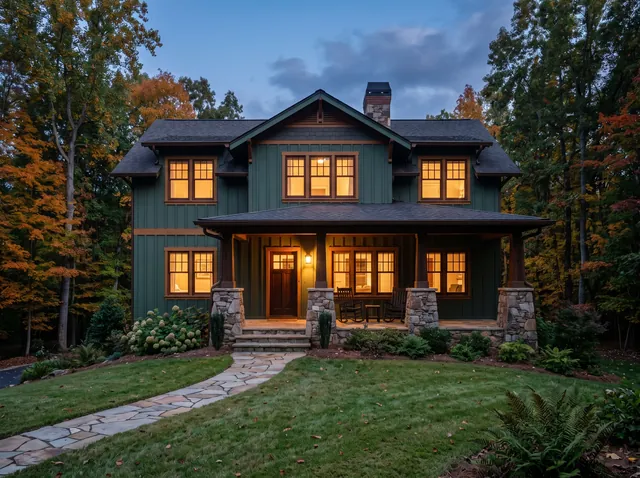 A two-story craftsman house with green board-and-batten siding, stone porch piers and rocking chairs on the porch, its windows lit at blue hour among autumn hardwoods
