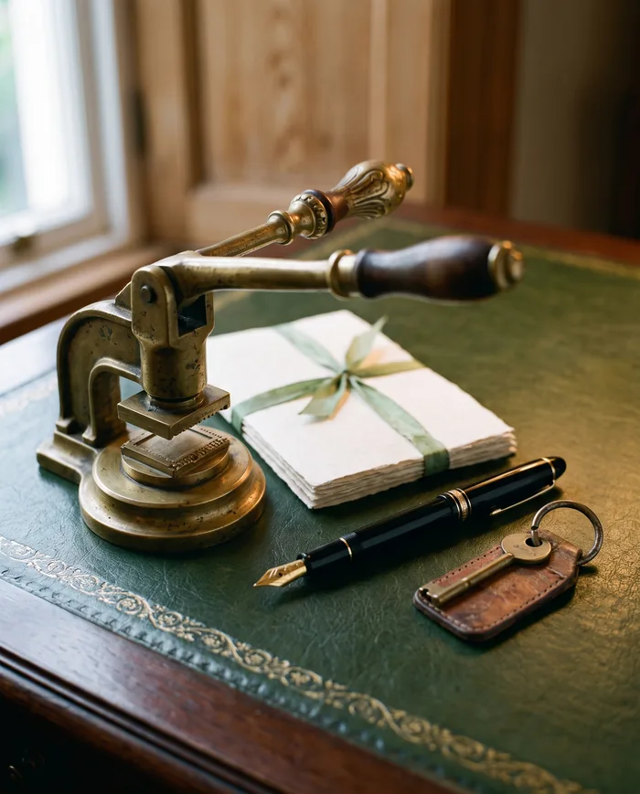 A brass desk embossing press beside a bundle of blank cream paper tied with green ribbon, a fountain pen and a brass key on a green leather desk blotter