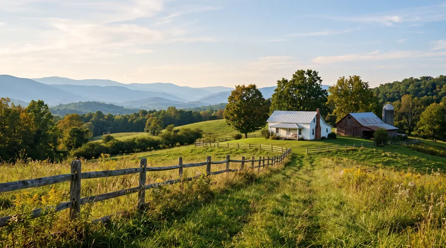 Rolling foothill pasture with a split-rail fence in tall grass, a white farmhouse and a weathered barn on a rise, and layers of hazy blue forested ridgelines behind in late-afternoon light