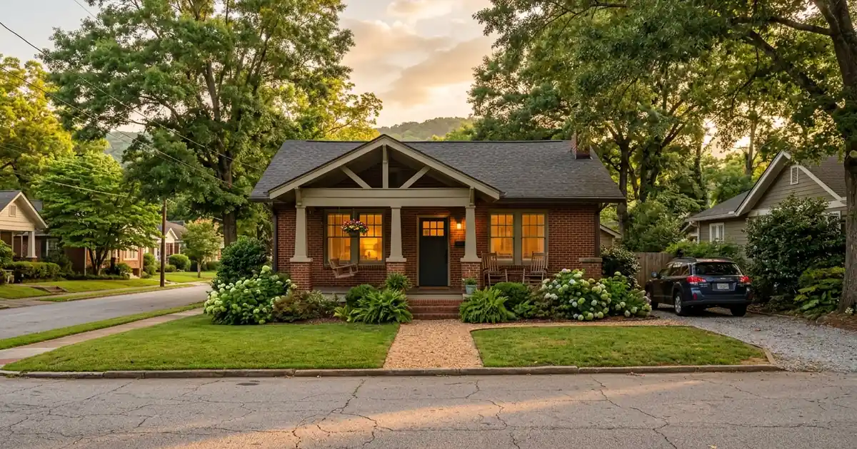 Golden-hour photograph of a brick craftsman home with a covered front porch, oak trees, and warm window light on a quiet North Georgia street