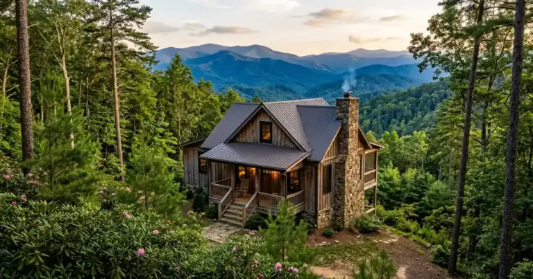 Rustic wood-sided cabin with a stone chimney and glowing windows on a wooded North Georgia mountainside at golden hour