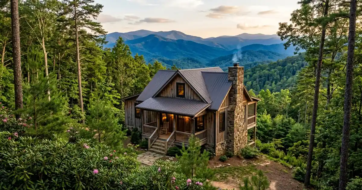 Rustic wood-sided cabin with a stone chimney and glowing windows on a wooded North Georgia mountainside at golden hour