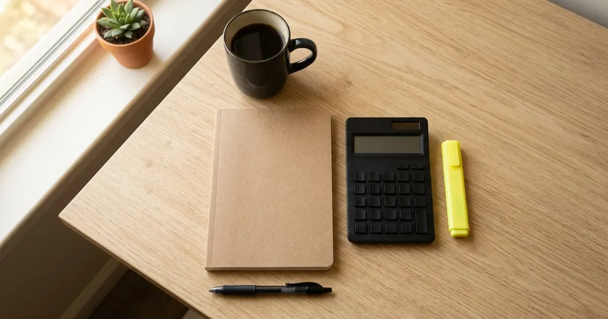 Overhead view of a desk with a closed leather notebook, calculator, yellow highlighter, and coffee mug in warm window light