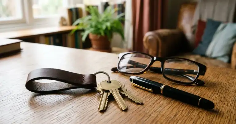 House keys on a leather fob, reading glasses, and a fountain pen arranged on a wooden table in soft window light