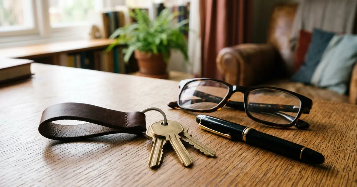 House keys on a leather fob, reading glasses, and a fountain pen arranged on a wooden table in soft window light
