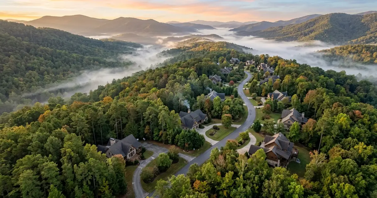 Aerial view of wooded home lots along a winding road in the North Georgia mountains at sunrise with mist in the valleys